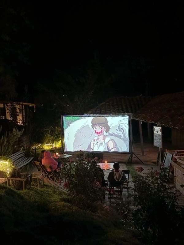 Proyección nocturna al aire libre con público.
